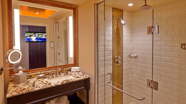 tv in bathroom mirror at River City Casino Hotel
