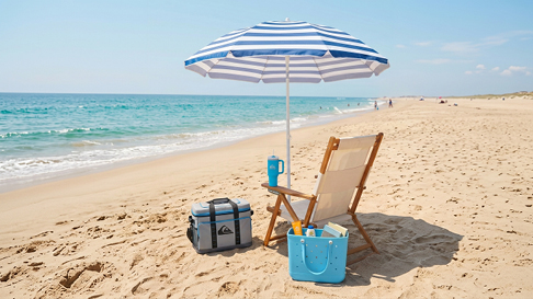 Cooler, tote bag, chair and umbrella on beach